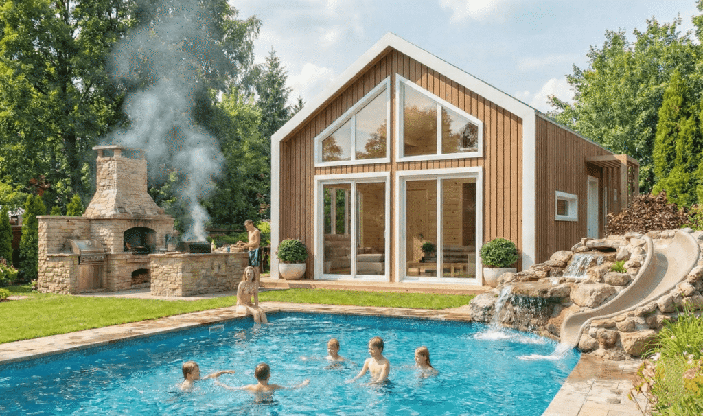Fachada de diseño de casa de madera moderna para vivienda habitual en Madrid, construida 100% en madera con grandes ventanales y cumplimiento del CTE.