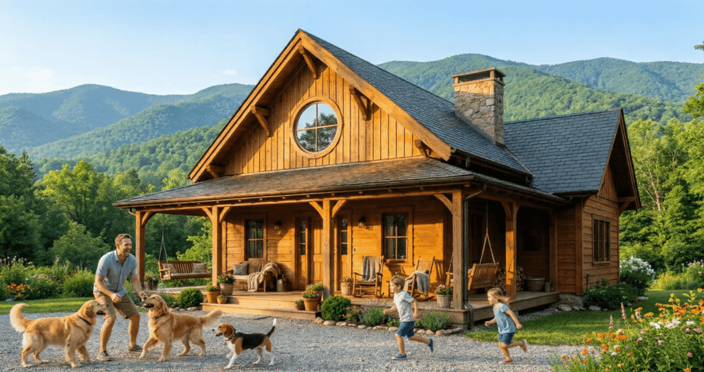 Cabaña de madera moderna estilo alpino (A-Frame) con grandes ventanales triangulares en un bosque de la Sierra de Madrid